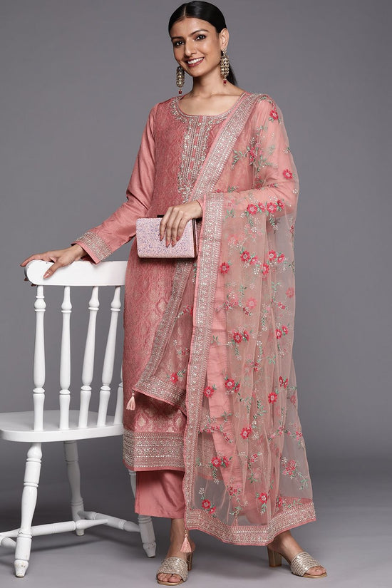 Women Peach-Coloured Floral Kurta with Trousers & Dupatta