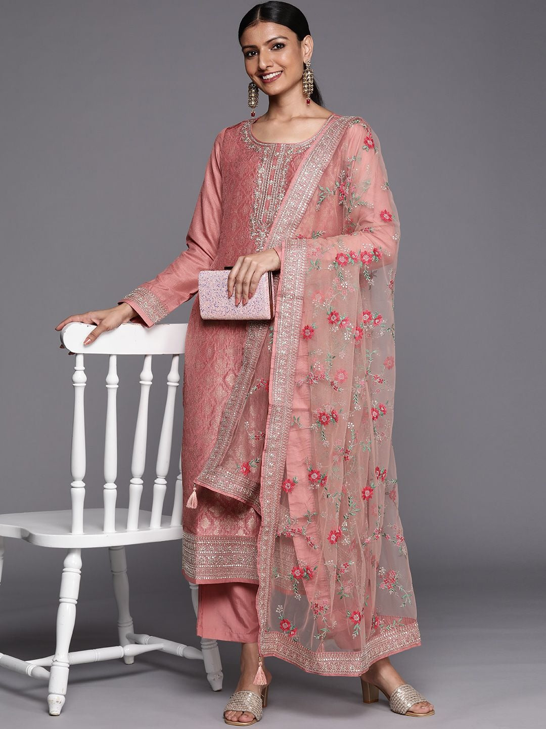 Women Peach-Coloured Floral Kurta with Trousers & Dupatta