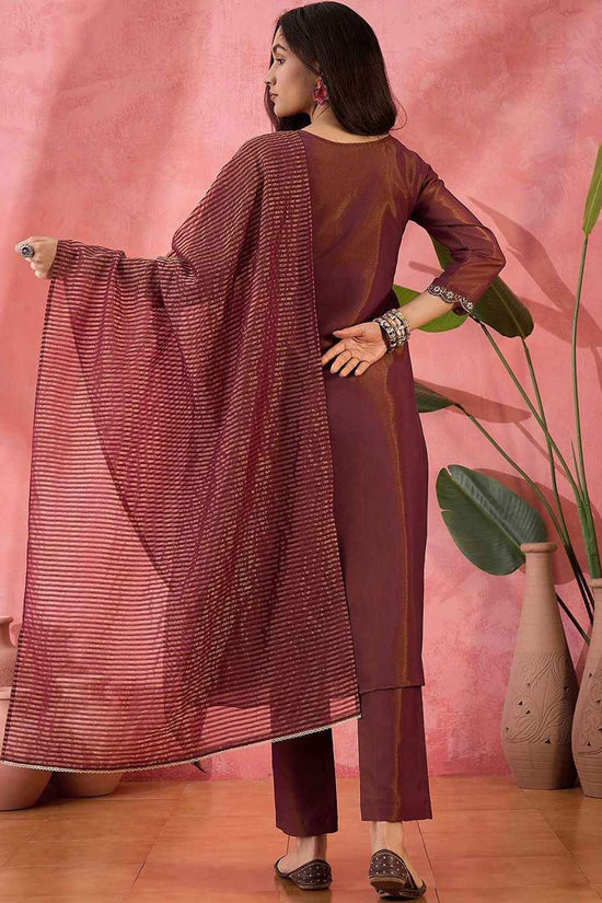 Floral Embroidered Panelled Notch Neck A-Line Kurta With Trouser And Dupatta