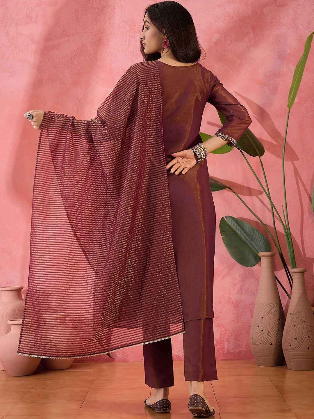 Floral Embroidered Panelled Notch Neck A-Line Kurta With Trouser And Dupatta