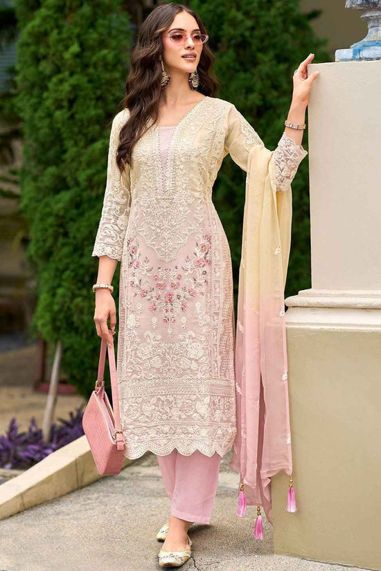 Floral Embroidered Sequinned Straight Organza Kurta With Trousers And Dupatta