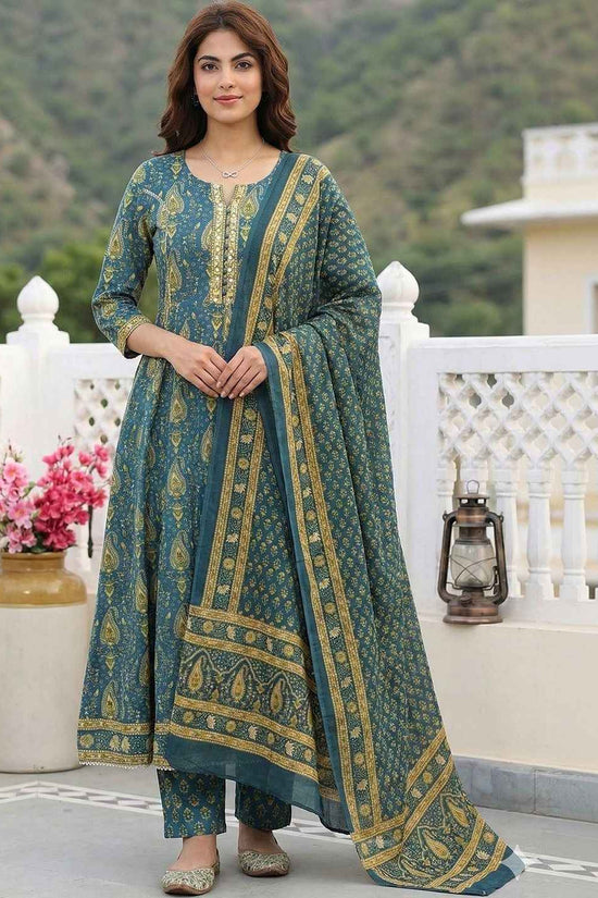 Women Ethnic Motifs Printed Regular Sequinned Pure Cotton Kurta with Trousers & With Dupatta