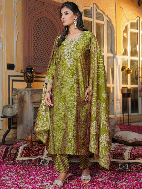 Ethnic Motifs Printed Thread Work Straight Kurta With Trouser & Dupatta