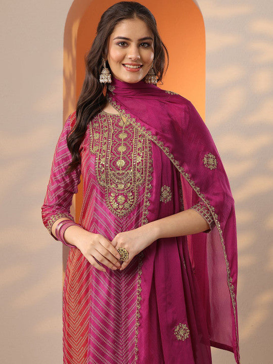 Women Regular Thread Work Kurta with Palazzos & With Dupatta