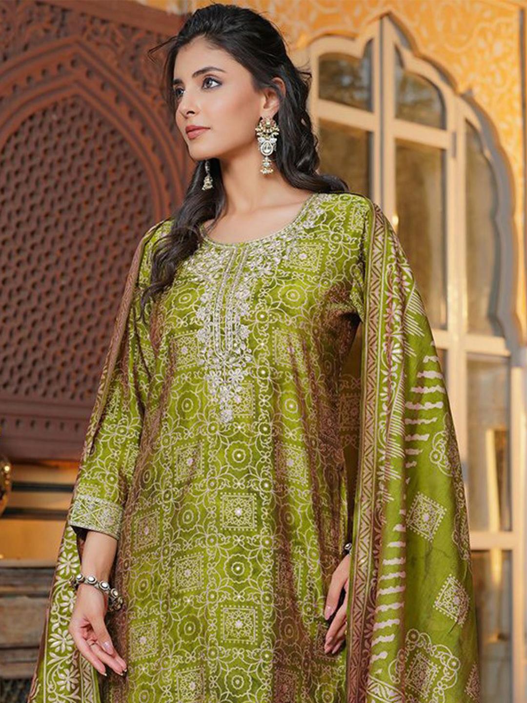 Ethnic Motifs Printed Thread Work Straight Kurta With Trouser & Dupatta
