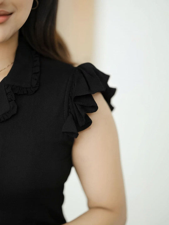 Colourblocked Puff Sleeve Ruffled A-Line Midi Dress