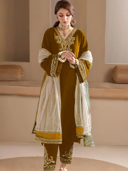 Floral Embroidered Velvet V-Neck A-Line Kurta with Trousers & Dupatta