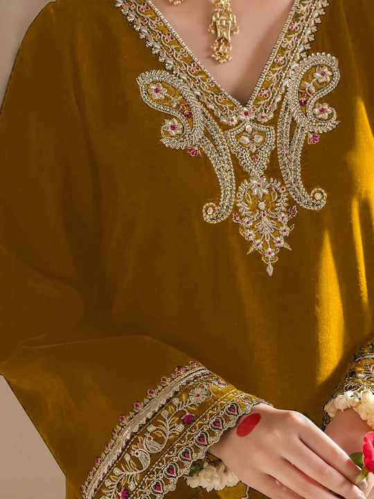 Floral Embroidered Velvet V-Neck A-Line Kurta with Trousers & Dupatta