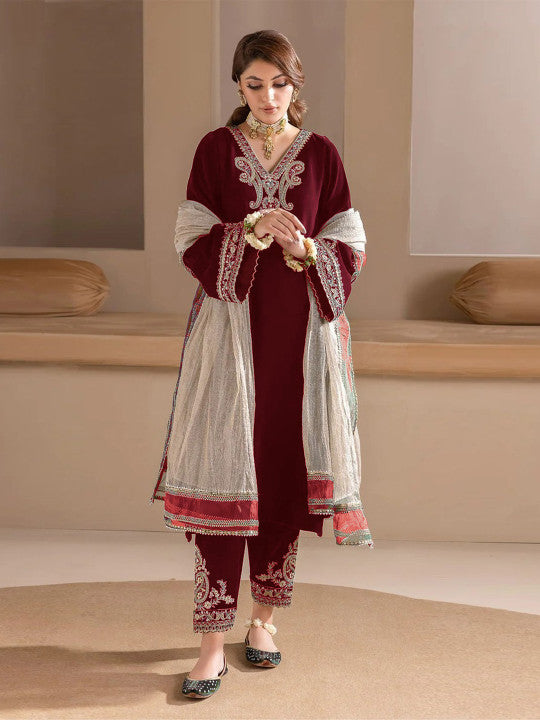 Floral Embroidered Velvet V-Neck A-Line Kurta with Trousers & Dupatta