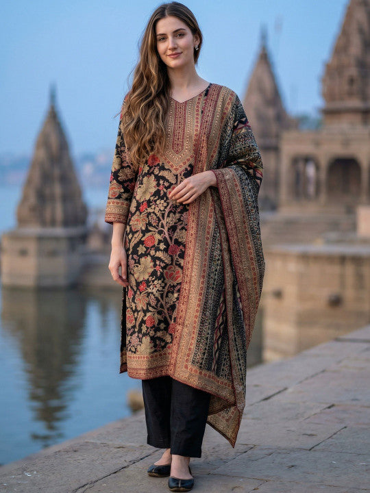 Women Ethnic Motifs Printed Regular Thread Work Kurta with Trousers & With Dupatta