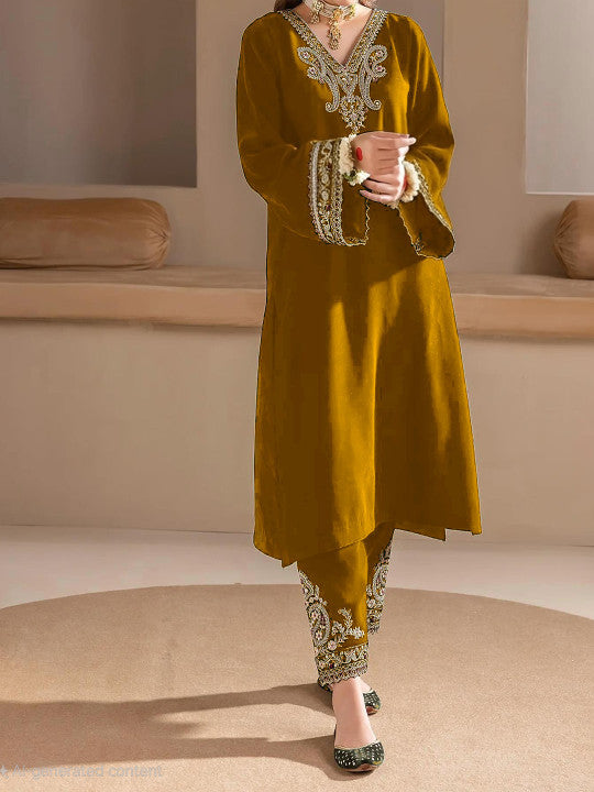 Floral Embroidered Velvet V-Neck A-Line Kurta with Trousers & Dupatta