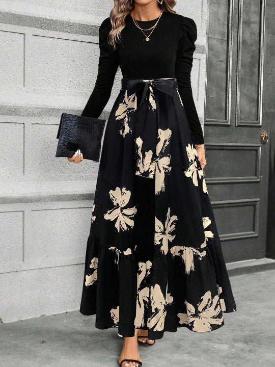 Floral Print Puff Sleeve Fit & Flare Maxi Dress