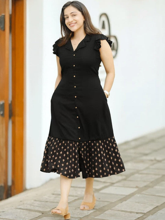 Colourblocked Puff Sleeve Ruffled A-Line Midi Dress